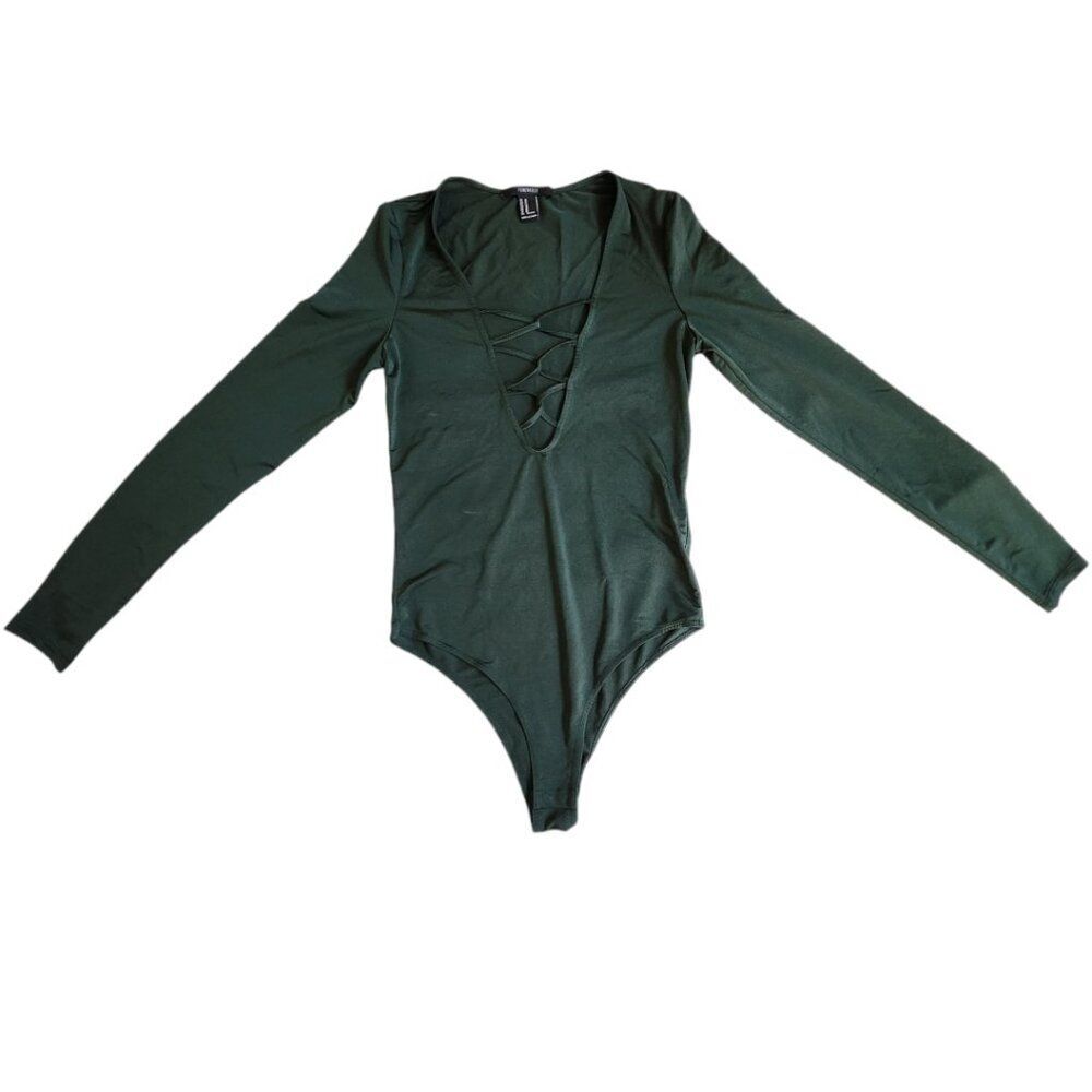 Forever 21 dark green deep plunge caged neckline thin semi sheer bodysuit sz M